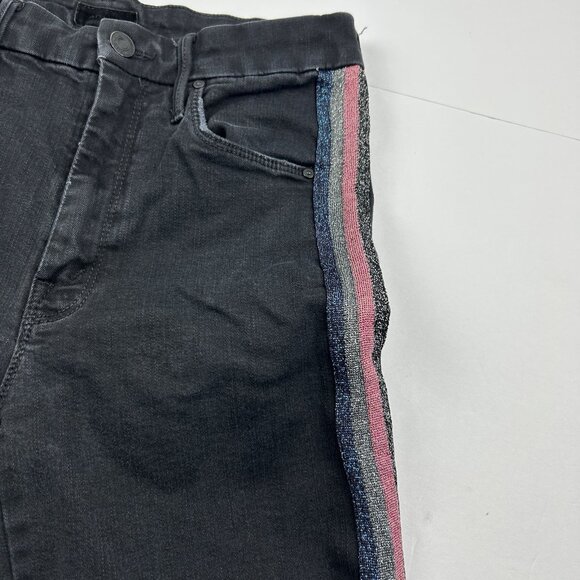 Mother High Waisted Looker Ankle Fray Black Guilty Glitter Racer Stripe Jeans 26 - Picture 6 of 16